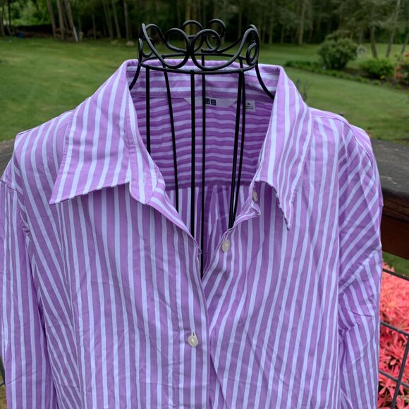NWT UNIQLO Women's size XL Lavendar/White Striped Long Sleeve Button Down Shirt - Picture 2 of 12